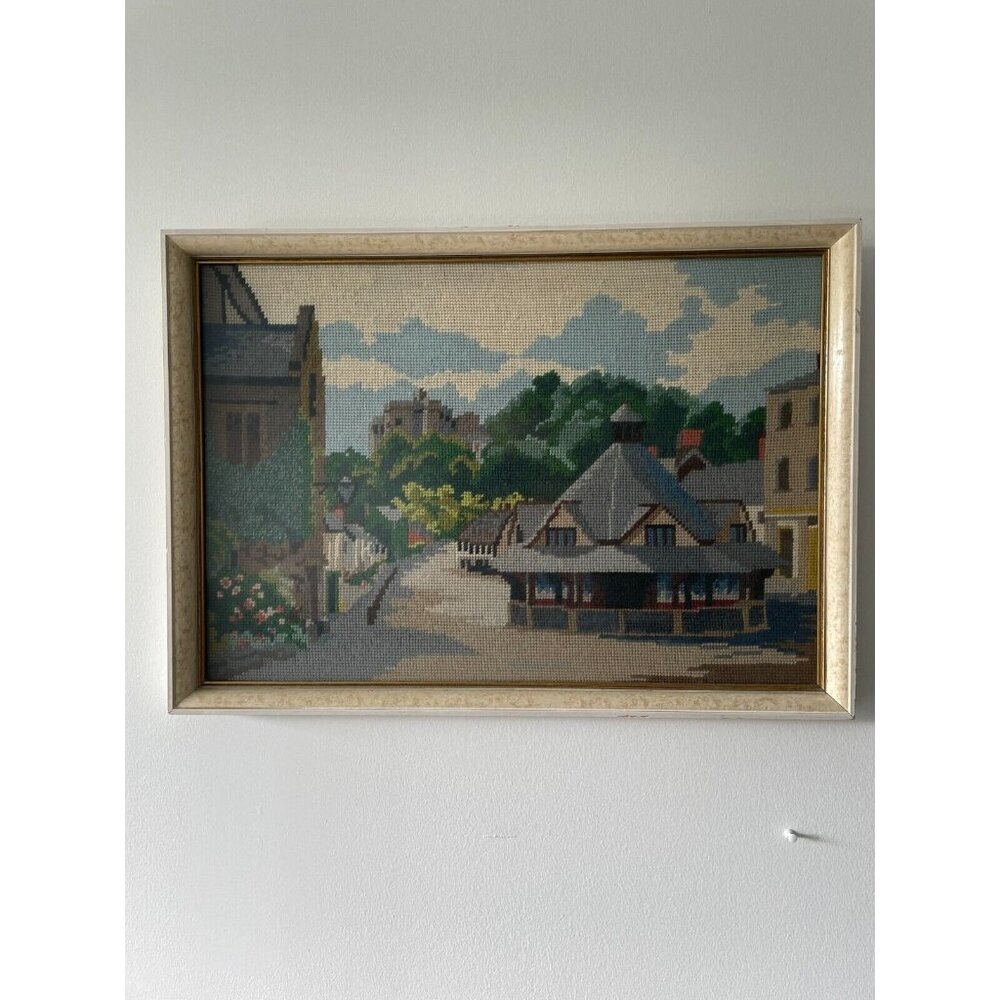 Vintage Folk Art, Framed wool Needlepoint Country Side